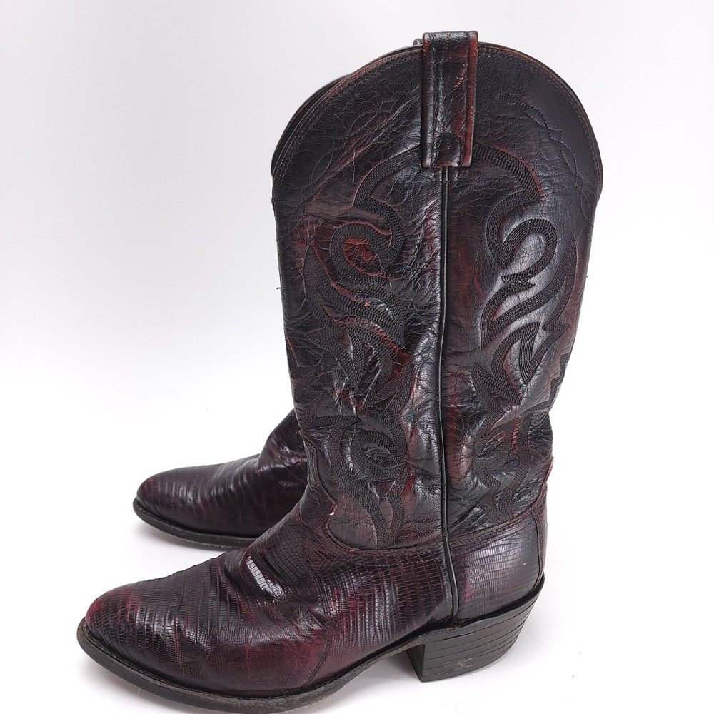 Dan Post Cowboy Boots Black Cherry Teju Lizard Men's 9 EW‎ Burgundy 352 J
